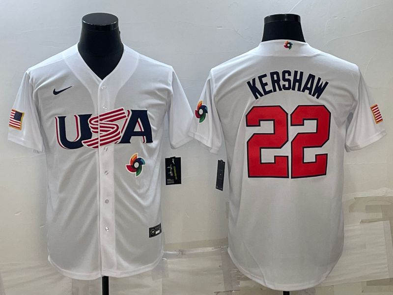 Men 2023 World Cub USA 22 Kershaw White Nike MLB Jersey23